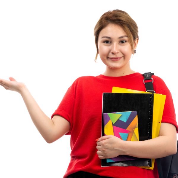 front-view-young-beautiful-lady-red-t-shirt-black-jeans-holding-different-copybooks-files-smiling-with-bag-white